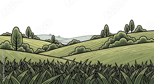 Artistic Rolling Hills Landscape with Lush Greenery and Trees Under a White Sky