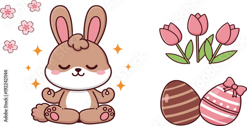 Easter Holiday Vector Set with Cute Meditating Bunny Easter Eggs Tulips and Sakura Flowers Isolated on White Background for Spring