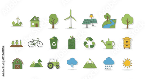 Collection of Eco-Friendly Icons Representing Sustainable Living and Nature.