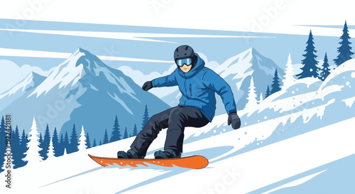 Man Snowboarding Down Snowy Mountain Slope with Winter Trees and Peaks Background