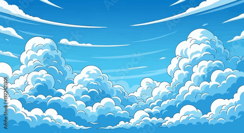 Fluffy Cumulus Clouds Floating in a Bright Blue Sky, Illustrated