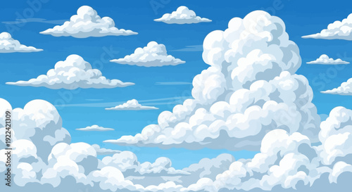 Vibrant Blue Sky with Fluffy White Cumulus Clouds - Seamless Cartoon Background
