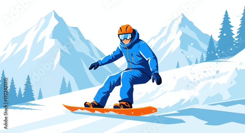 Dynamic Vector Illustration of a Snowboarder Riding Down a Snowy Mountain Slope
