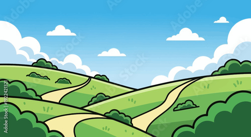 Cartoon Rolling Green Hills with Winding Paths Under a Bright Blue Sky with Clouds