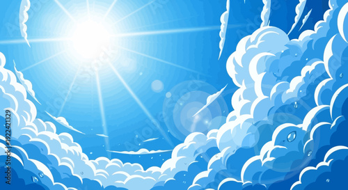 Bright Sunlight Shining Through Fluffy White Clouds in a Clear Blue Sky