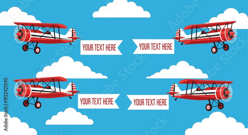 Vintage Biplanes Flying in Sky with Clouds and Banners for Text