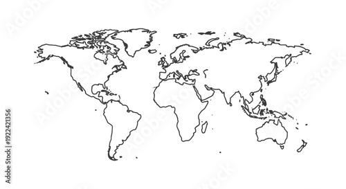 A black and white outline map of the world showing all continents and major islands.