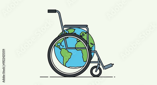 A conceptual illustration of the Earth represented as a globe within a wheelchair, symbolizing global accessibility challenges.