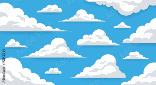 Bright Blue Sky with Fluffy White Cumulus Clouds - Cartoon Style Illustration
