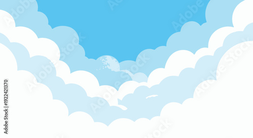 Whimsical Blue Sky with Fluffy White Clouds and Distant Moon Illustration