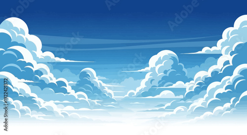 Vibrant Blue Sky with Puffy White Cumulus Clouds in a Horizontal Panorama