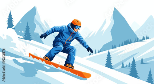 Dynamic Illustration of a Snowboarder Gliding Down a Snowy Mountain Slope