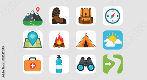 Colorful Flat Design Icons for Camping Hiking and Outdoor Adventure Activities.