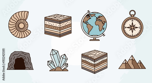 A collection of flat design icons representing geology, earth science, and exploration, including fossils, rock layers, a globe, compass, cave, crystals, and mountains.