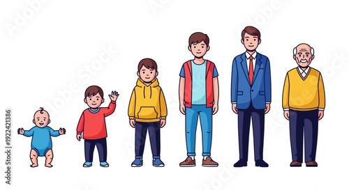 Illustration showing the stages of human life from infancy to old age.