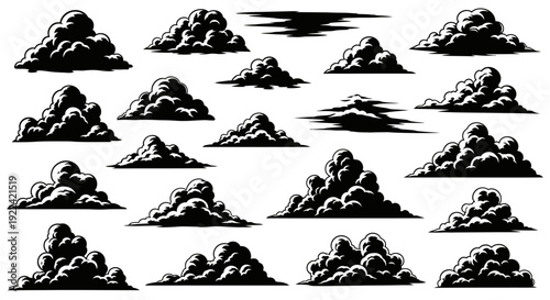 Diverse Black Silhouette Cloud Vector Illustrations, Cumulus and Stratus Formations