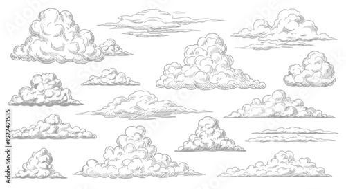 Set of Hand-Drawn Clouds in Sketchy Vintage Style for Design Projects