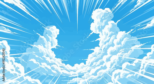 Dynamic Anime Style Sky with Fluffy Clouds and Speed Lines on a Bright Blue Day