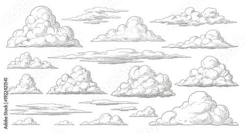 Diverse Hand-Drawn Cumulus and Stratus Clouds Sketch Collection