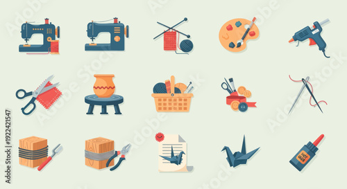 Colorful Craft and Hobby Icons Collection: Sewing Knitting Painting Pottery Origami and DIY Tools.