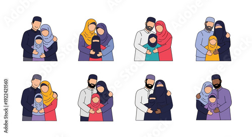 Diverse Muslim Family Hugging in Vector Style, Representing Unity and Love