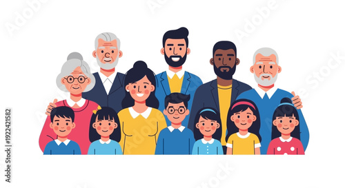 Diverse Multigenerational Family Portrait Illustration Representing Unity and Connection
