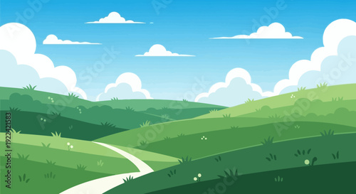 Vibrant Green Rolling Hills with a Winding Path Under a Bright Blue Sky with Clouds