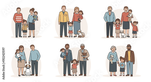 Diverse Modern Families and Pets Representing Multigenerational Households, Flat Illustration