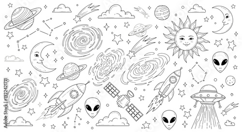 Whimsical Hand-Drawn Space Adventure: Planets, Rockets, Aliens, and Galaxies in Outline