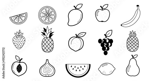 Collection of Whimsical Hand-Drawn Fruit Icons Vector Pack, Isolated on White Background