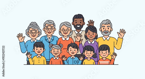 Happy Diverse Family Waving Hello, Multi-Generational Group, Flat Vector Illustration