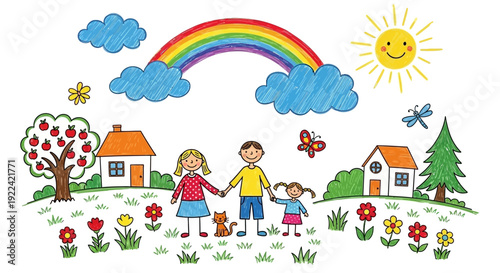Happy Family in a Whimsical Nature Scene with Rainbow and Sun, Cartoon Style