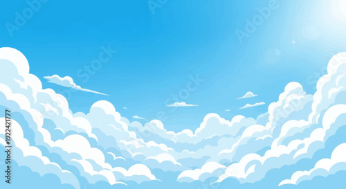 Vast Blue Sky with Fluffy White Clouds and Bright Sunrays, Digital Illustration
