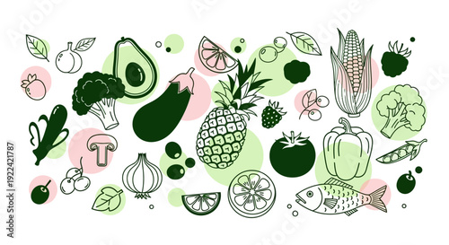 Vibrant Hand-Drawn Vector Illustration of Assorted Fresh Fruits, Vegetables, and Fish