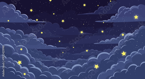 Whimsical Night Sky with Fluffy Clouds and Twinkling Stars - Dreamy Fantasy Background