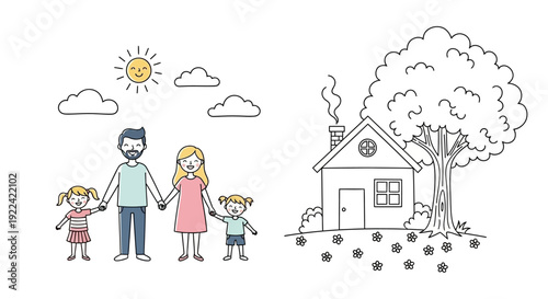Happy Family Holding Hands Outdoors with House and Tree Illustration