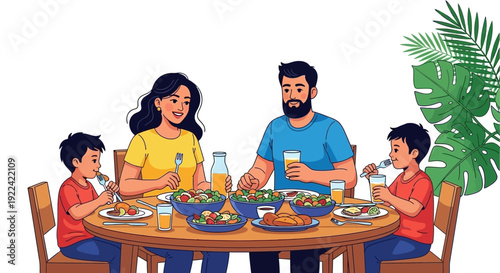 Joyful Family Sharing a Healthy Meal Together Around a Round Table