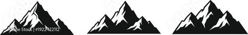 Three stylized black mountain peak icons with sharp jagged edges and snow accents Keywords: mountain, peak, silhouette, icon