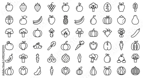 Assortment of Fresh Fruits and Vegetables Icons in a Clean Art Style