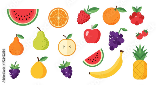 Vibrant Assortment of Fresh Fruits Flat Vector Illustration Collection
