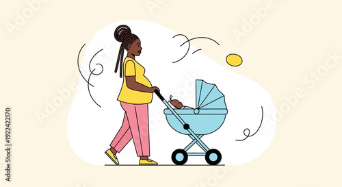 Pregnant Woman Pushing a Stroller with Baby, Vector Illustration, Lifestyle Concept