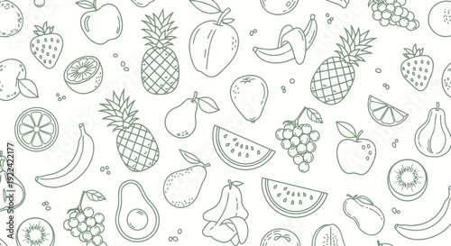 Seamless Pattern of Hand-Drawn Fruits on White Background, Healthy Food Vector Art