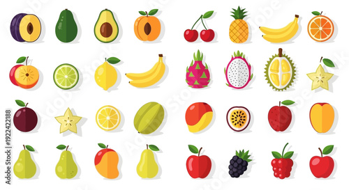 Colorful Assortment of Fresh Exotic and Common Fruits in Flat Design