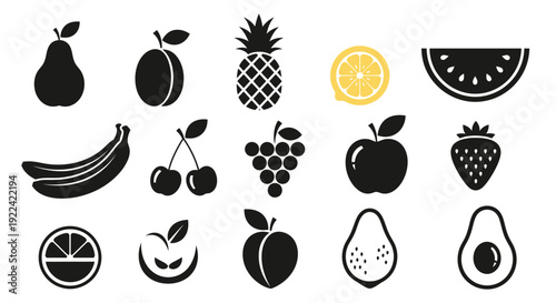 Collection of Diverse Fresh Fruit Icons in Silhouette, Vector Set