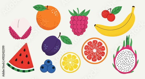 Vibrant Assorted Fresh Fruits Collection Flat Vector Illustration