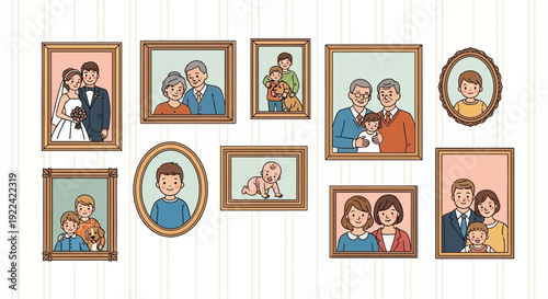 Collection of Framed Family Portraits on a Striped Wallpaper Background