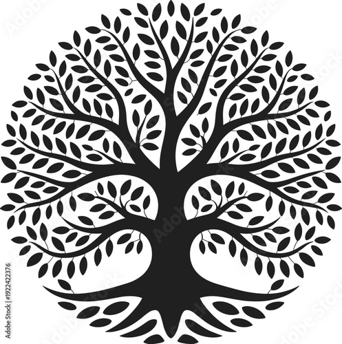 Stylized black silhouette of a circular tree of life with detailed branches and leaves Keywords: tree of life, tree, roots