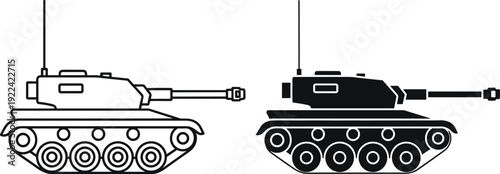 Two silhouette tanks one outlined and one filled in black on a white background military army