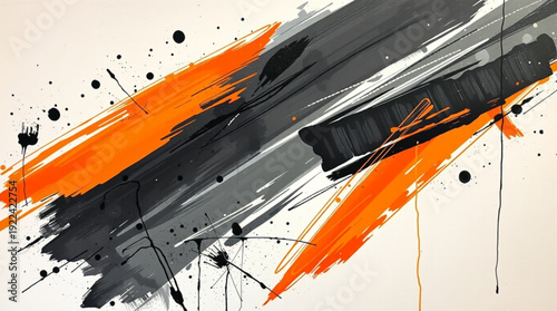 Abstract painting with dynamic diagonal lines in grey and orange, featuring expressive brush strokes, spatters, streaks,