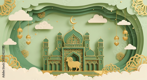 Mint Green and Gold Eid Al Adha Celebration with Mosque Cloud and Sheep Paper Cut Style Rendering